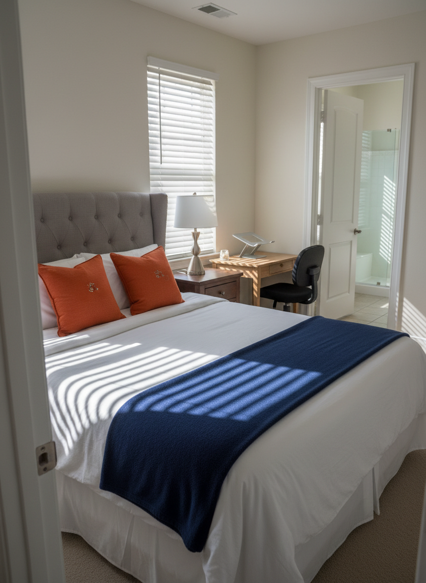 A cozy, well-appointed bedroom in the Auburn gameday house, styled for short-term stays or weekend visits. A queen-sized upholstered bed with a soft gray headboard is neatly made with crisp white linens, a navy throw blanket, and a couple of burnt orange accent pillows. Matching nightstands with simple lamps flank the bed, while a small desk in the corner hints at workspace potential. Late-morning natural light filters through white blinds, creating gentle highlights on the bedding and soft shadows along the walls. Shot from the doorway at a slightly elevated angle, the composition shows both the bed and an open door leading to a clean en-suite bathroom. The mood is calm, restful, and professional, with photographic realism and no personal clutter or human presence.